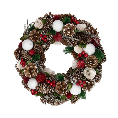 White Wooden Rose and Pine Cone with Berries Artificial Christmas Wreath 13.5-Inch  Unlit