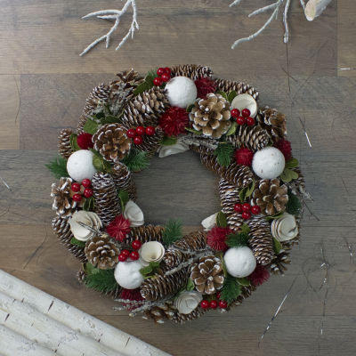 White Wooden Rose and Pine Cone with Berries Artificial Christmas Wreath 13.5-Inch  Unlit