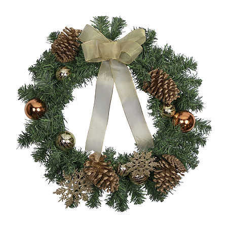 Pre-Decorated Ball Ornaments And Bow Artificial Christmas Wreath 24-Inch Unlit, One Size, Red