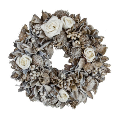 Glittered Rose and Winter Botanicals Artificial Christmas Wreath  10-Inch  Unlit