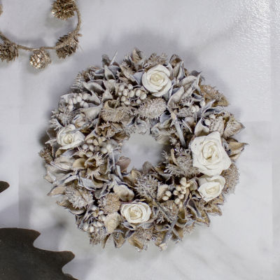 Glittered Rose and Winter Botanicals Artificial Christmas Wreath  10-Inch  Unlit