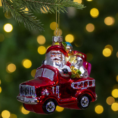 4'' Red Fire Truck with Santa and Presents Glass Christmas Ornament