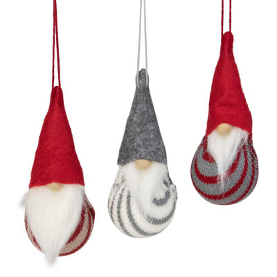 Set of 3 Red and Gray Santa Gnome Christmas Ornaments 4.75"