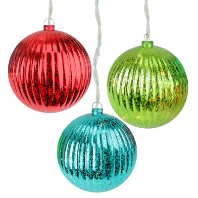 Set of 3 Lighted Multi-Color Mercury Glass Finish Ribbed Ball Christmas Ornaments - Clear Lights