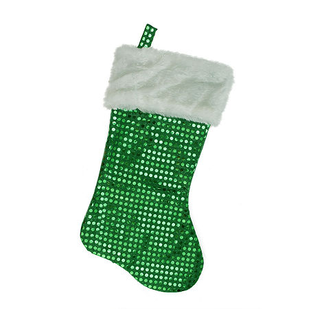 18'' Green And White Faux-Fur Cuffed Disco Sequined Christmas Stocking, One Size, Green