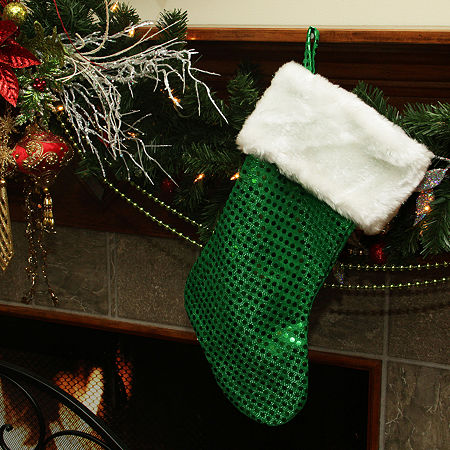 18'' Green And White Faux-Fur Cuffed Disco Sequined Christmas Stocking, One Size, Green