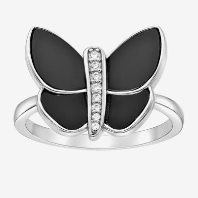 Womens Genuine Black Onyx Sterling Silver Butterfly Cocktail Ring