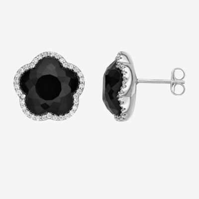 Genuine Black Onyx Sterling Silver 11mm Flower Stud Earrings