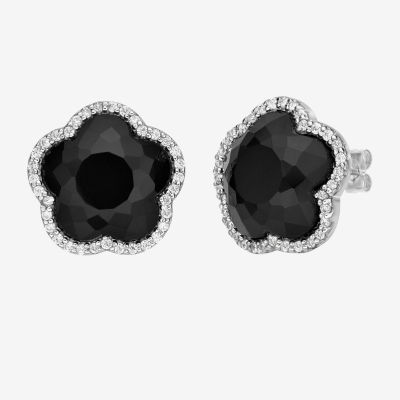 Genuine Black Onyx Sterling Silver 11mm Flower Stud Earrings