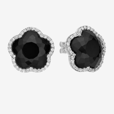 Genuine Black Onyx Sterling Silver 11mm Flower Stud Earrings