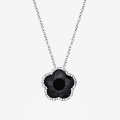 Womens Genuine Black Onyx Sterling Silver Flower Pendant Necklace