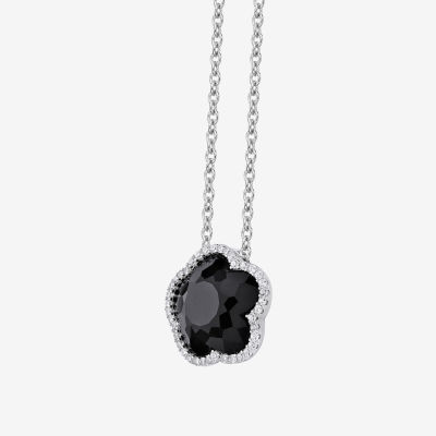 Womens Genuine Black Onyx Sterling Silver Flower Pendant Necklace