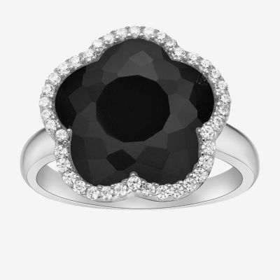 Womens Genuine Black Onyx Sterling Silver Flower Cocktail Ring