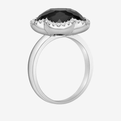 Womens Genuine Black Onyx Sterling Silver Flower Cocktail Ring