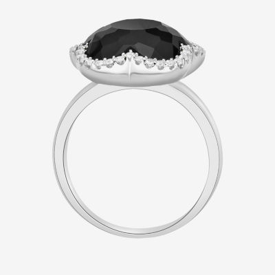 Womens Genuine Black Onyx Sterling Silver Flower Cocktail Ring