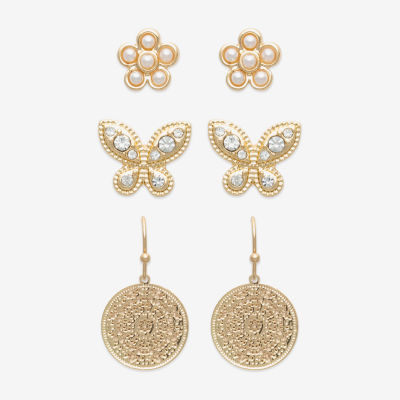 Mixit Gold Tone 3 Pair Simulated Pearl Butterfly Flower Earring Set