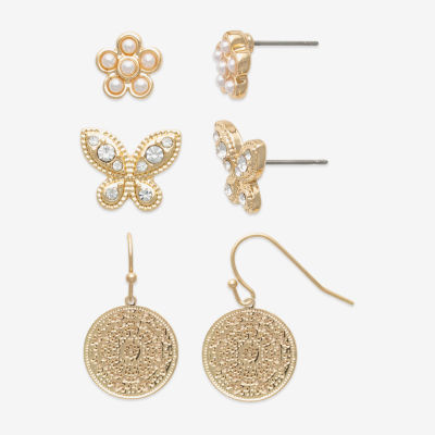 Mixit Gold Tone 3 Pair Simulated Pearl Butterfly Flower Earring Set