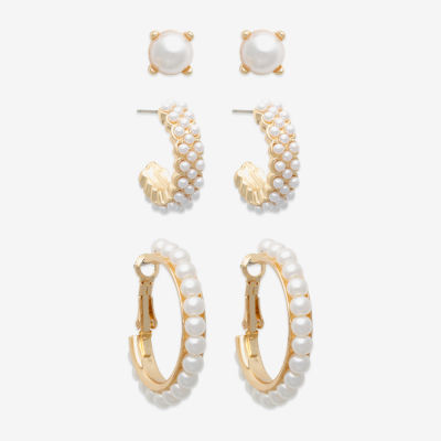 Mixit Gold Tone 3 Pair Simulated Pearl Round Earring Set