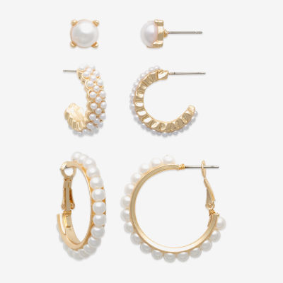 Mixit Gold Tone 3 Pair Simulated Pearl Round Earring Set