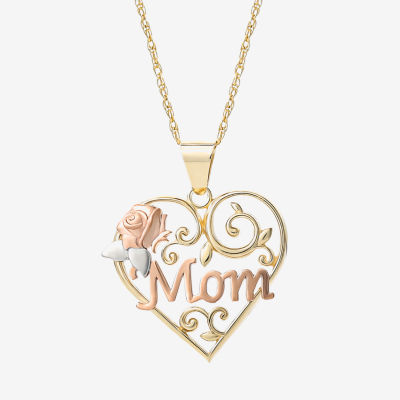 "Mom" Womens 10K Tri-Color Gold Heart Pendant Necklace