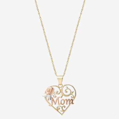 "Mom" Womens 10K Tri-Color Gold Heart Pendant Necklace