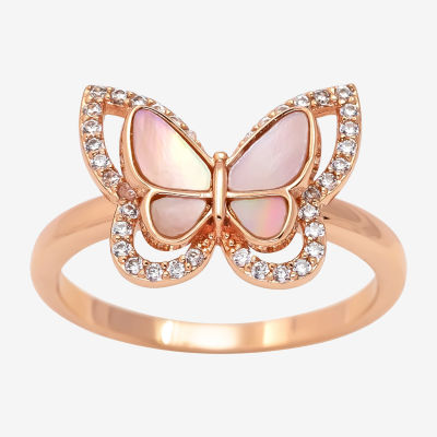 Sparkle Allure Mother Of Pearl Cultured Freshwater 18K Rose Gold Over Brass Butterfly Halo Cocktail Ring