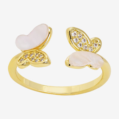 Sparkle Allure Butterfly Mother Of Pearl Cultured Freshwater 14K Gold Over Brass Bypass  Band
