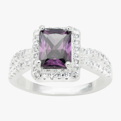 Sparkle Allure Split Shank Womens Purple Cubic Zirconia Pure Silver Over Brass Halo Cocktail Ring