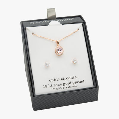 Sparkle Allure Halo Womens Pink Crystal 18K Rose Gold Over Brass Oval 2-pc. Jewelry Set