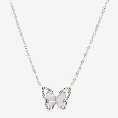 Sparkle Allure Halo Mother Of Pearl Cultured Freshwater Pearl Pure Silver Over Brass 16 Inch Link Butterfly Pendant Necklace