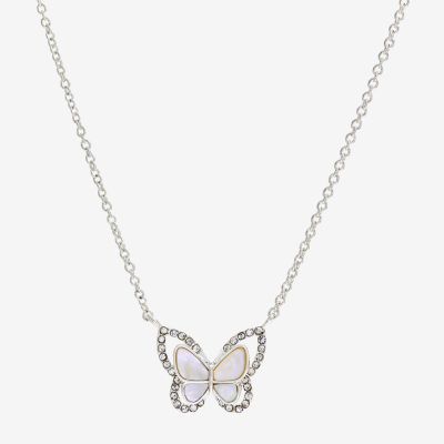 Sparkle Allure Halo Womens White Mother Of Pearl Cultured Freshwater Pearl Pure Silver Over Brass Butterfly 16 Inch Pendant Necklace