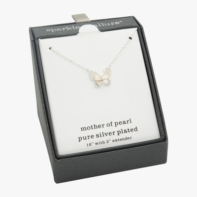 Sparkle Allure Halo Mother Of Pearl Cultured Freshwater Pearl Pure Silver Over Brass 16 Inch Link Butterfly Pendant Necklace