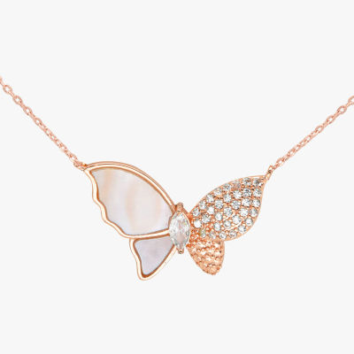 Sparkle Allure Mother Of Pearl Cultured Freshwater Pearl 18K Rose Gold Over Brass 16 Inch Link Butterfly Pendant Necklace