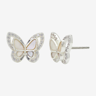 Sparkle Allure Halo Mother Of Pearl Cultured Freshwater Pearl Pure Silver Over Brass 13mm Butterfly Stud Earrings