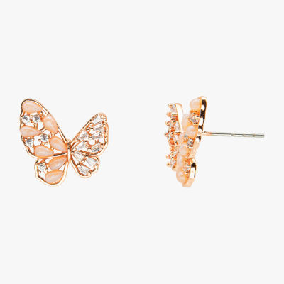 Sparkle Allure Pink Mother Of Pearl Cultured Freshwater Pearl 18K Rose Gold Over Brass 12.7mm Butterfly Stud Earrings