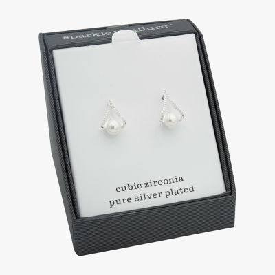 Sparkle Allure Simulated Pearl Pure Silver Over Brass 17.3mm Stud Earrings