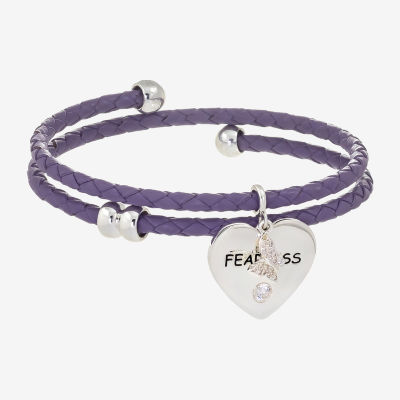 Sparkle Allure Purple Fearless Leather Coil Cubic Zirconia Pure Silver Over Brass Braid Heart Wrap Bracelet