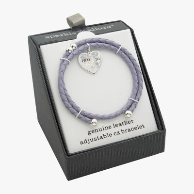 Sparkle Allure Purple Fearless Leather Coil Cubic Zirconia Pure Silver Over Brass Braid Heart Wrap Bracelet