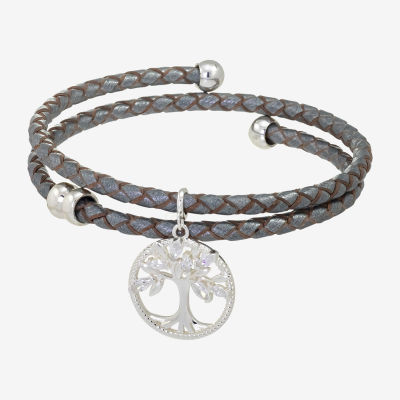 Sparkle Allure Grey Tree Of Life Leather Coil Cubic Zirconia Pure Silver Over Brass Braid Oval Wrap Bracelet