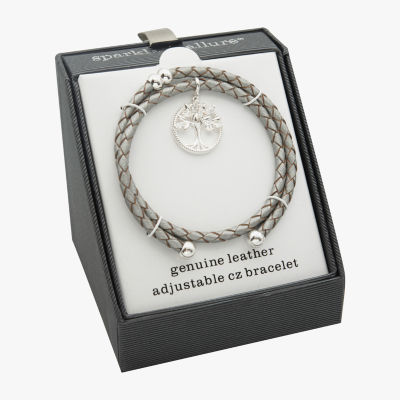 Sparkle Allure Grey Tree Of Life Leather Coil Cubic Zirconia Pure Silver Over Brass Braid Oval Wrap Bracelet