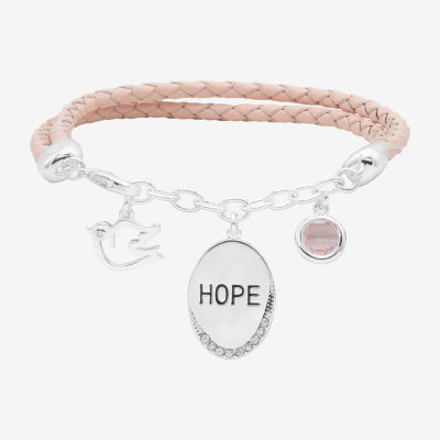 Sparkle Allure Light Pink Hope Leather Cubic Zirconia Pure Silver Over Brass Braid Oval Charm Bracelet