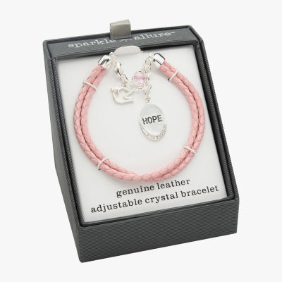 Sparkle Allure Light Pink Hope Leather Cubic Zirconia Pure Silver Over Brass Braid Oval Charm Bracelet