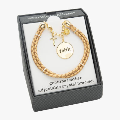 Sparkle Allure Yellow Faith Leather Crystal 14K Gold Over Brass Braid Cross Charm Bracelet