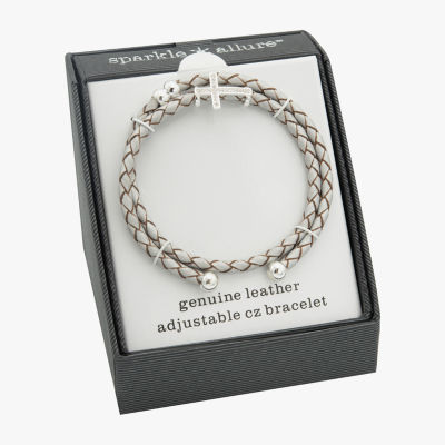 Sparkle Allure Grey Blessed Leather Cubic Zirconia Pure Silver Over Brass Braid Cross Charm Bracelet