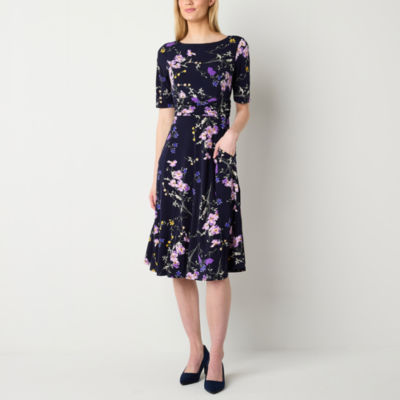 Jessica Howard Short Sleeve Floral Fit + Flare Dress, Color Navy