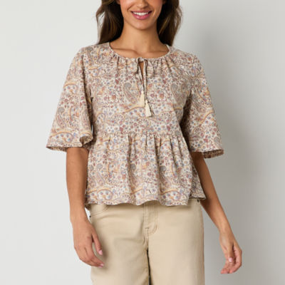 Frye and Co. Womens Split Tie Neck Elbow Sleeve Blouse