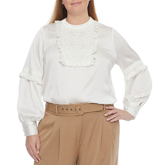 Ryegrass Plus Womens Mock Neck Long Sleeve Embroidered Blouse