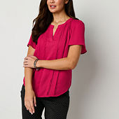 Liz Claiborne Womens Split Crew Neck Short Sleeve Blouse