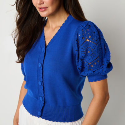 Liz Claiborne Womens V Neck Short Sleeve Button Cardigan