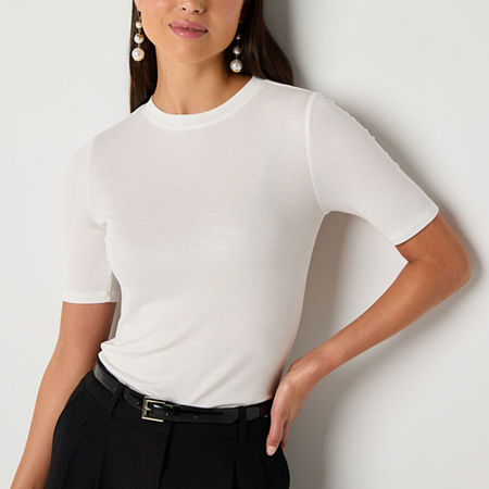Worthington Womens Short Sleeve Mock Neck Top, Large, White